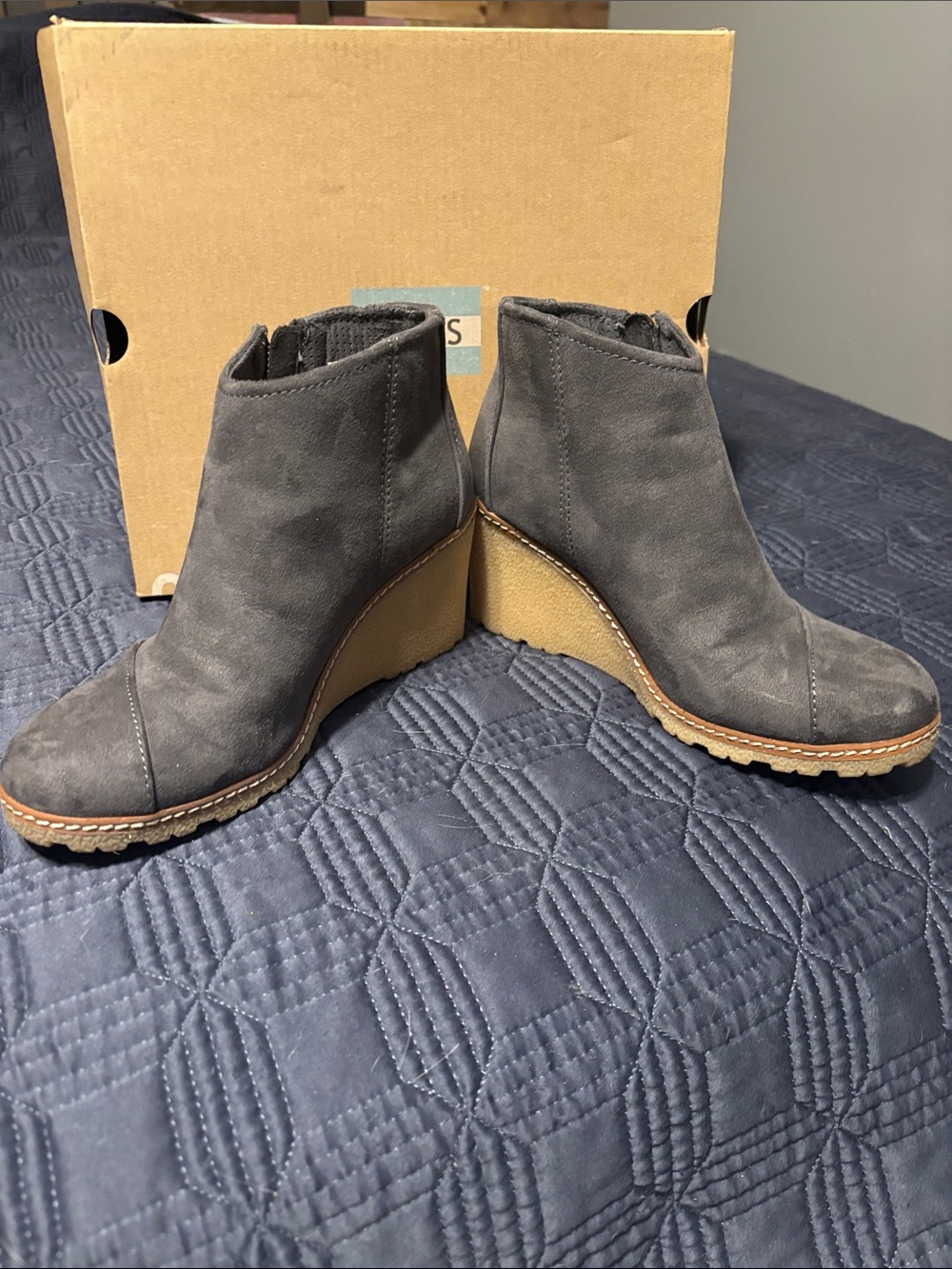 Toms Gray Suede Wedge Ankle Boots